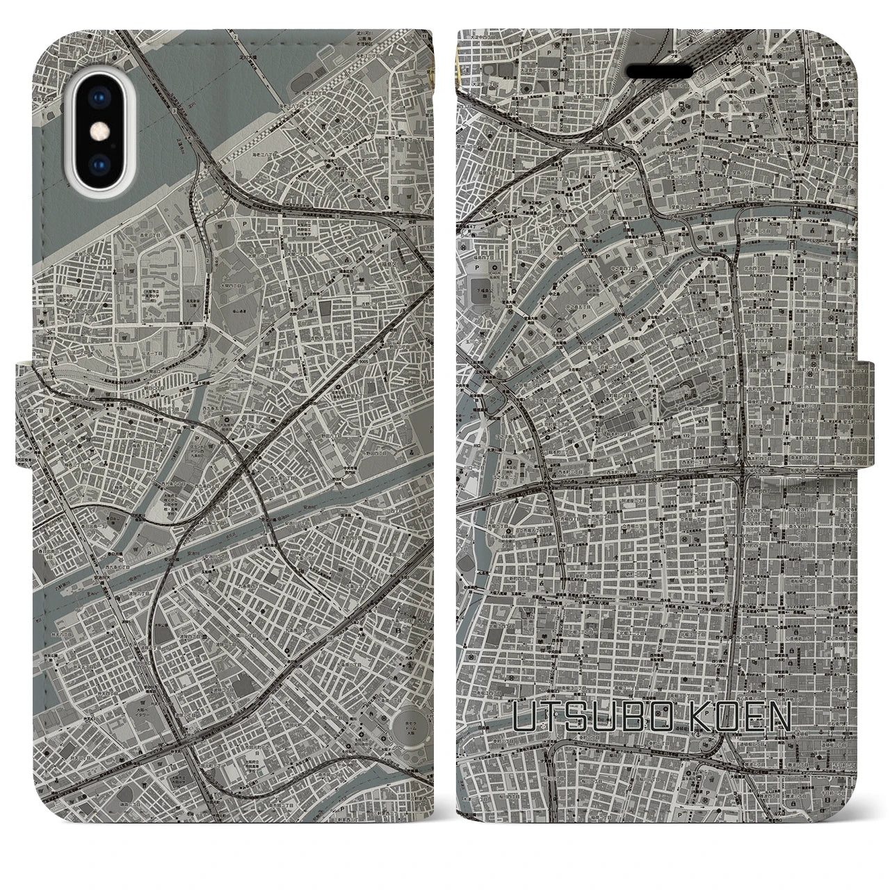 【靱公園（大阪府）】地図柄iPhoneケース（手帳タイプ）モノトーン・iPhone XS Max 用