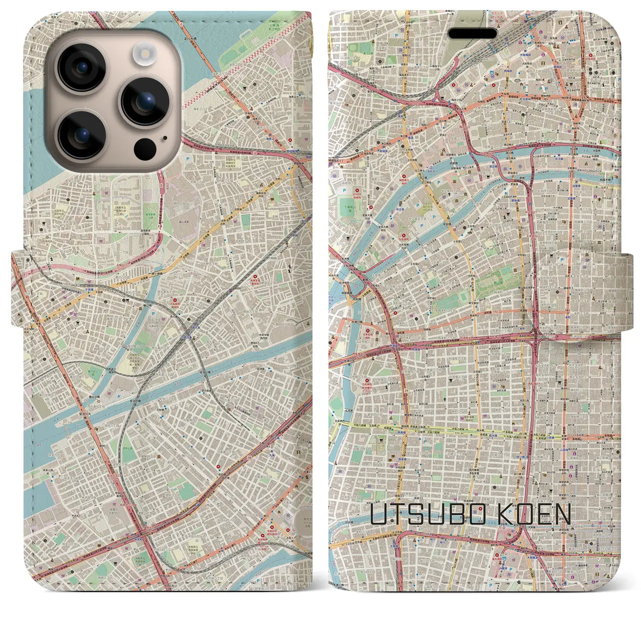 【靱公園（大阪府）】地図柄iPhoneケース（手帳タイプ）ナチュラル・iPhone 16 Plus 用