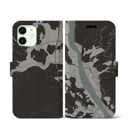 【内船（山梨県）】地図柄iPhoneケース（手帳タイプ）モノトーン・iPhone 12 mini 用