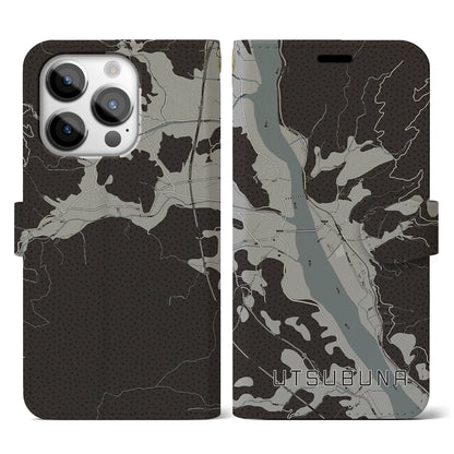 【内船（山梨県）】地図柄iPhoneケース（手帳タイプ）モノトーン・iPhone 14 Pro 用