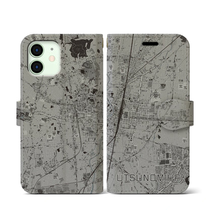 【宇都宮（栃木県）】地図柄iPhoneケース（手帳タイプ）モノトーン・iPhone 12 mini 用