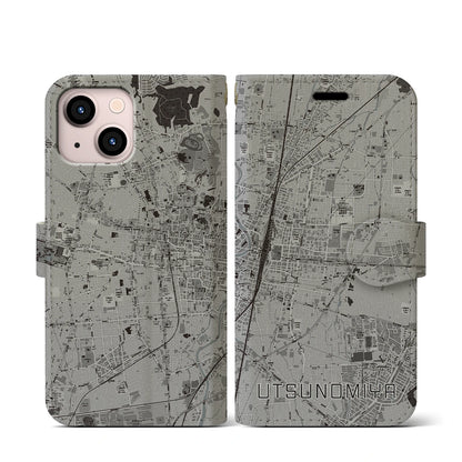 【宇都宮（栃木県）】地図柄iPhoneケース（手帳タイプ）モノトーン・iPhone 13 mini 用