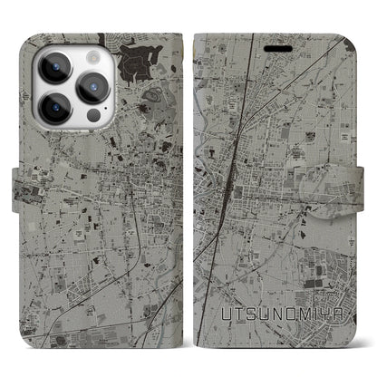 【宇都宮（栃木県）】地図柄iPhoneケース（手帳タイプ）モノトーン・iPhone 14 Pro 用
