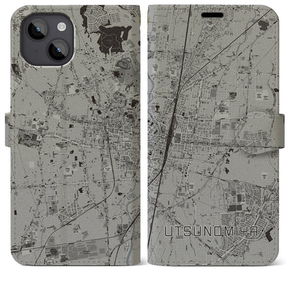 【宇都宮（栃木県）】地図柄iPhoneケース（手帳タイプ）モノトーン・iPhone 14 Plus 用