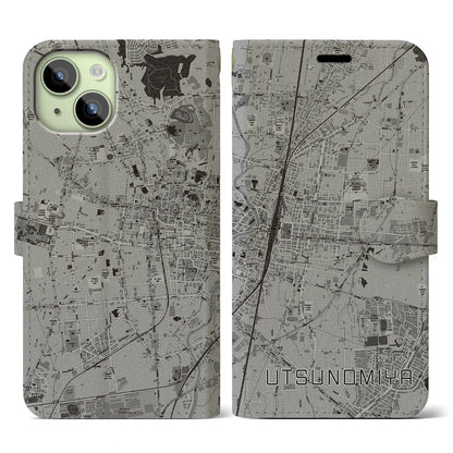 【宇都宮（栃木県）】地図柄iPhoneケース（手帳タイプ）モノトーン・iPhone 15 用