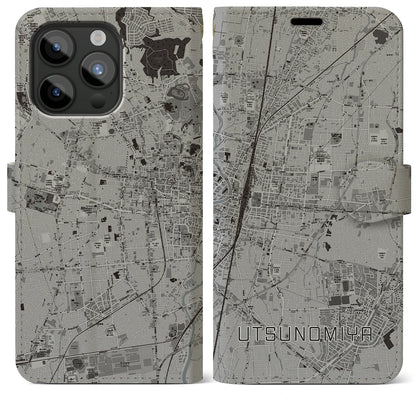 【宇都宮（栃木県）】地図柄iPhoneケース（手帳タイプ）モノトーン・iPhone 15 Pro Max 用