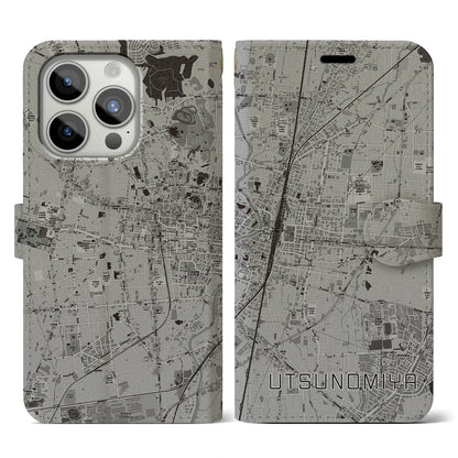 【宇都宮（栃木県）】地図柄iPhoneケース（手帳タイプ）モノトーン・iPhone 15 Pro 用