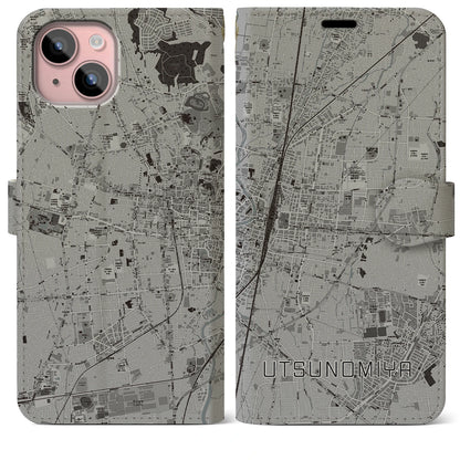 【宇都宮（栃木県）】地図柄iPhoneケース（手帳タイプ）モノトーン・iPhone 15 Plus 用