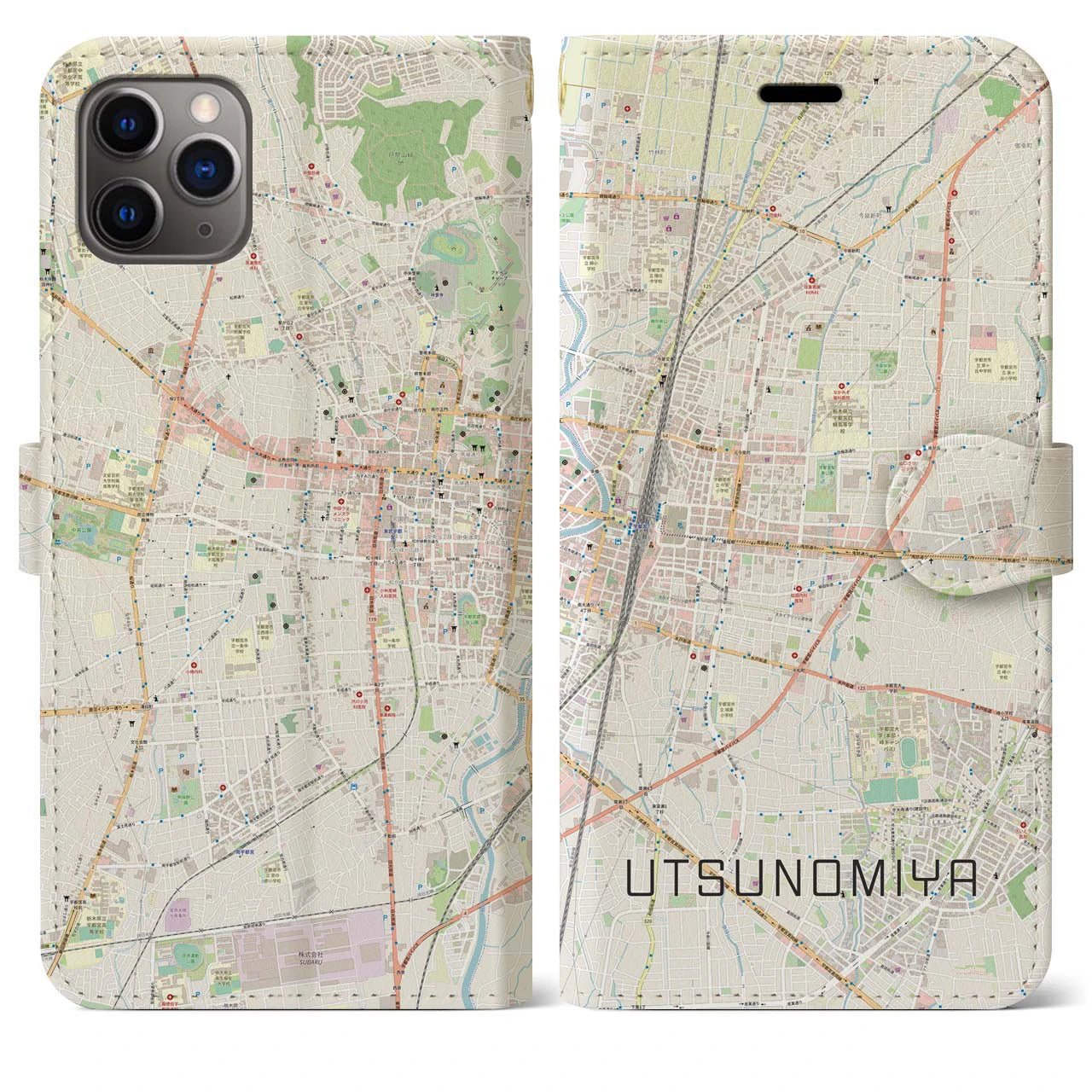 【宇都宮】地図柄iPhoneケース（手帳両面タイプ・ナチュラル）iPhone 11 Pro Max 用