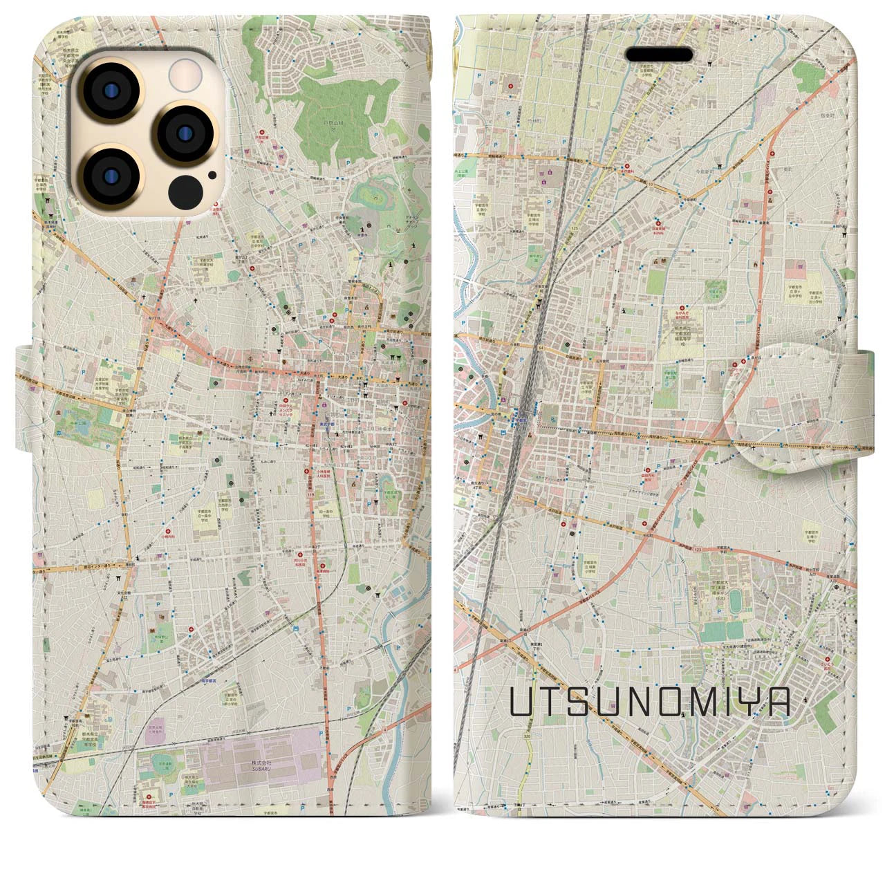 【宇都宮】地図柄iPhoneケース（手帳両面タイプ・ナチュラル）iPhone 12 Pro Max 用