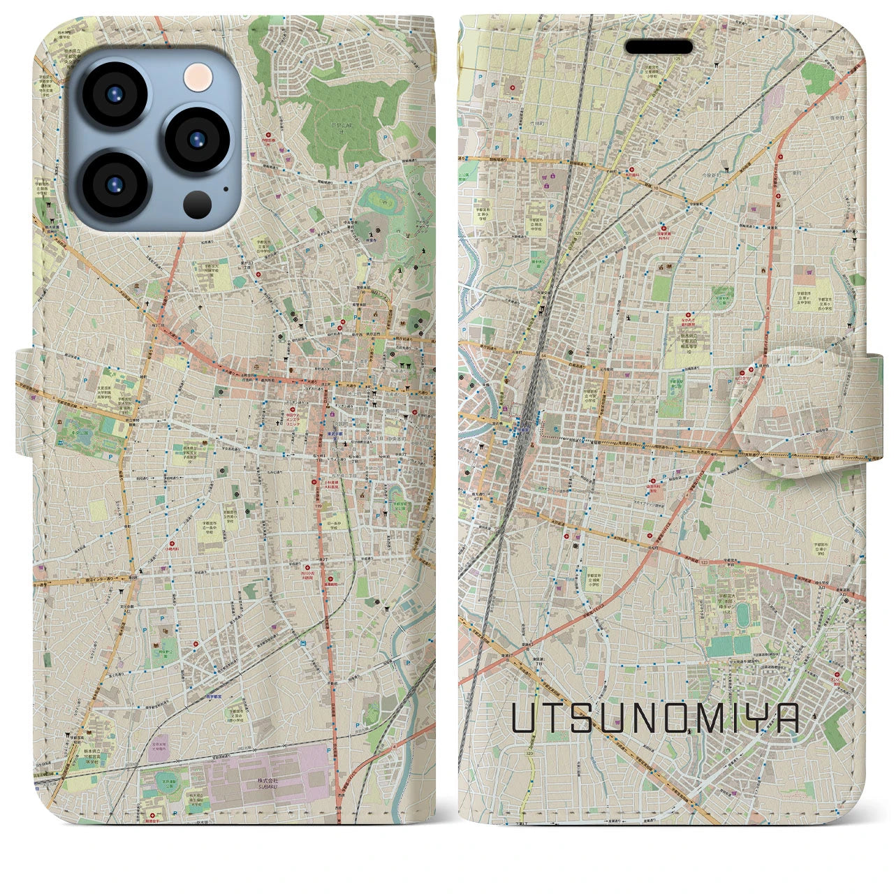 【宇都宮】地図柄iPhoneケース（手帳両面タイプ・ナチュラル）iPhone 13 Pro Max 用