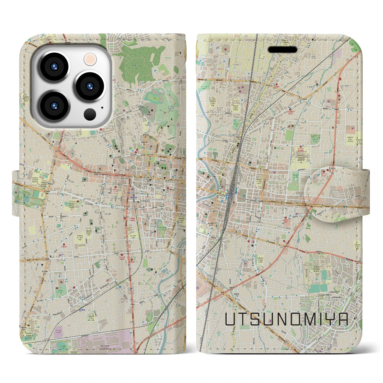【宇都宮】地図柄iPhoneケース（手帳両面タイプ・ナチュラル）iPhone 13 Pro 用
