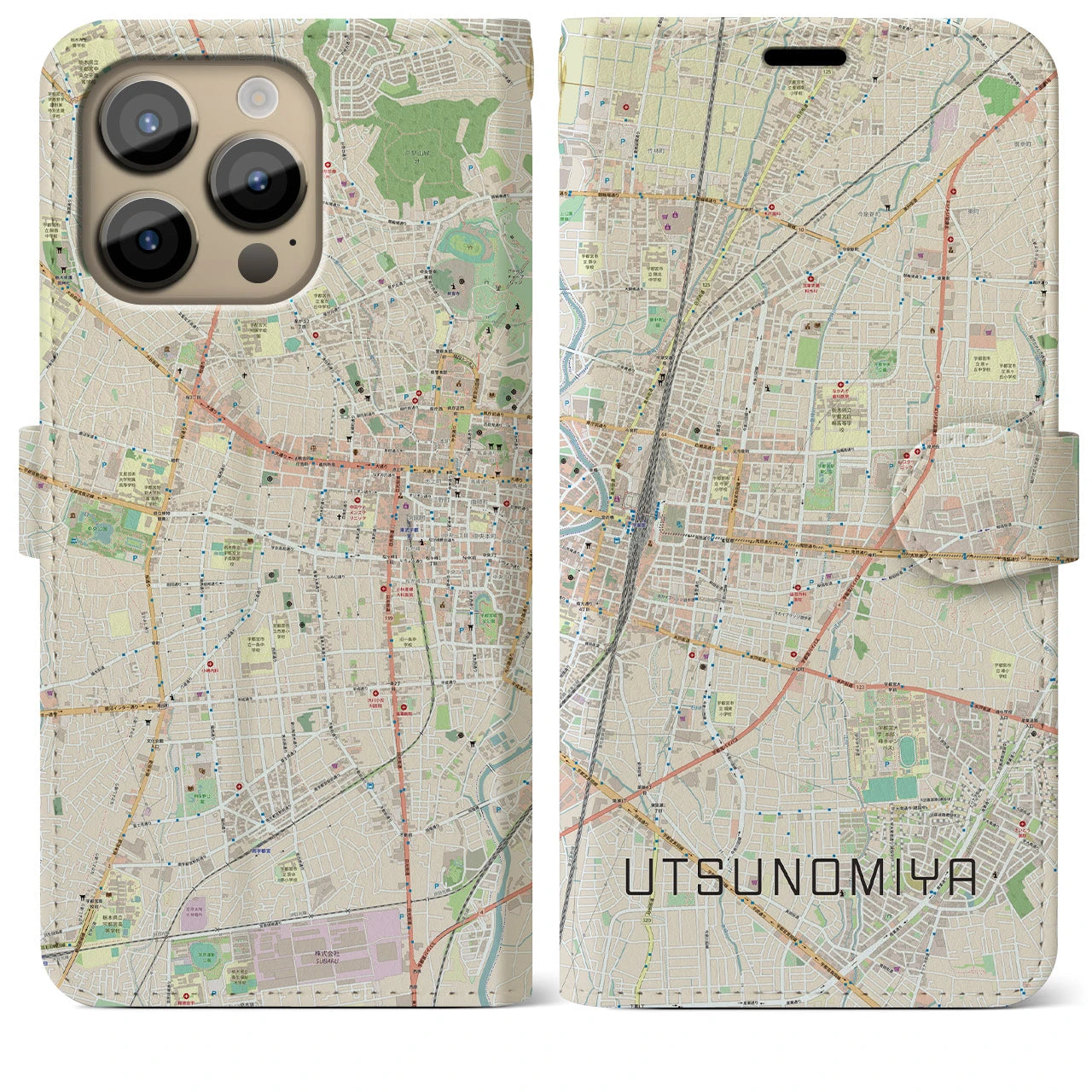 【宇都宮】地図柄iPhoneケース（手帳両面タイプ・ナチュラル）iPhone 14 Pro Max 用