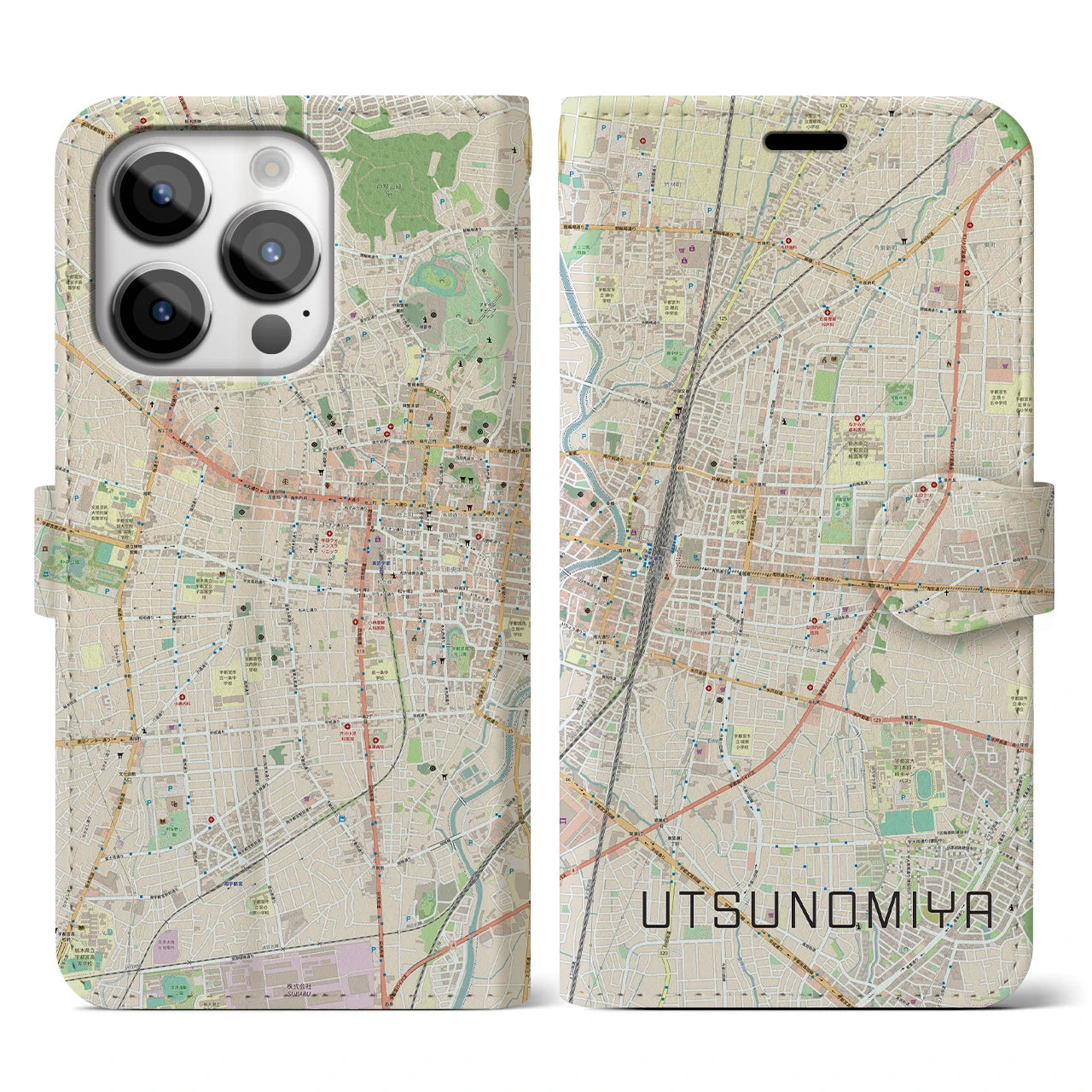 【宇都宮】地図柄iPhoneケース（手帳両面タイプ・ナチュラル）iPhone 14 Pro 用