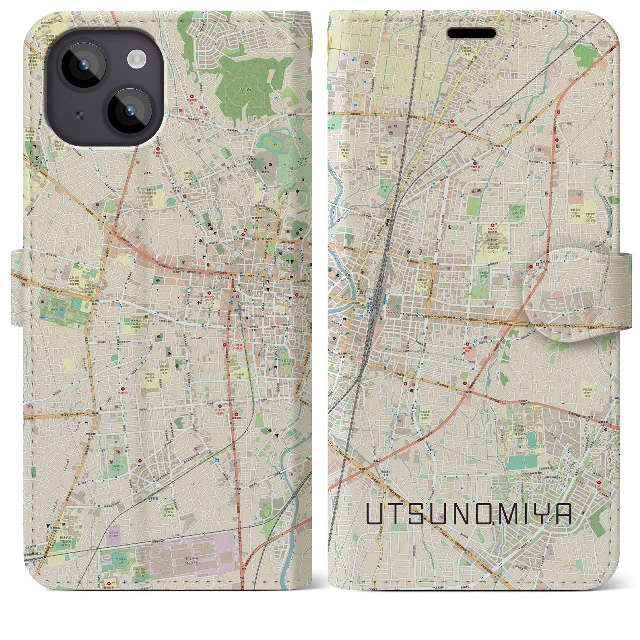 【宇都宮】地図柄iPhoneケース（手帳両面タイプ・ナチュラル）iPhone 14 Plus 用