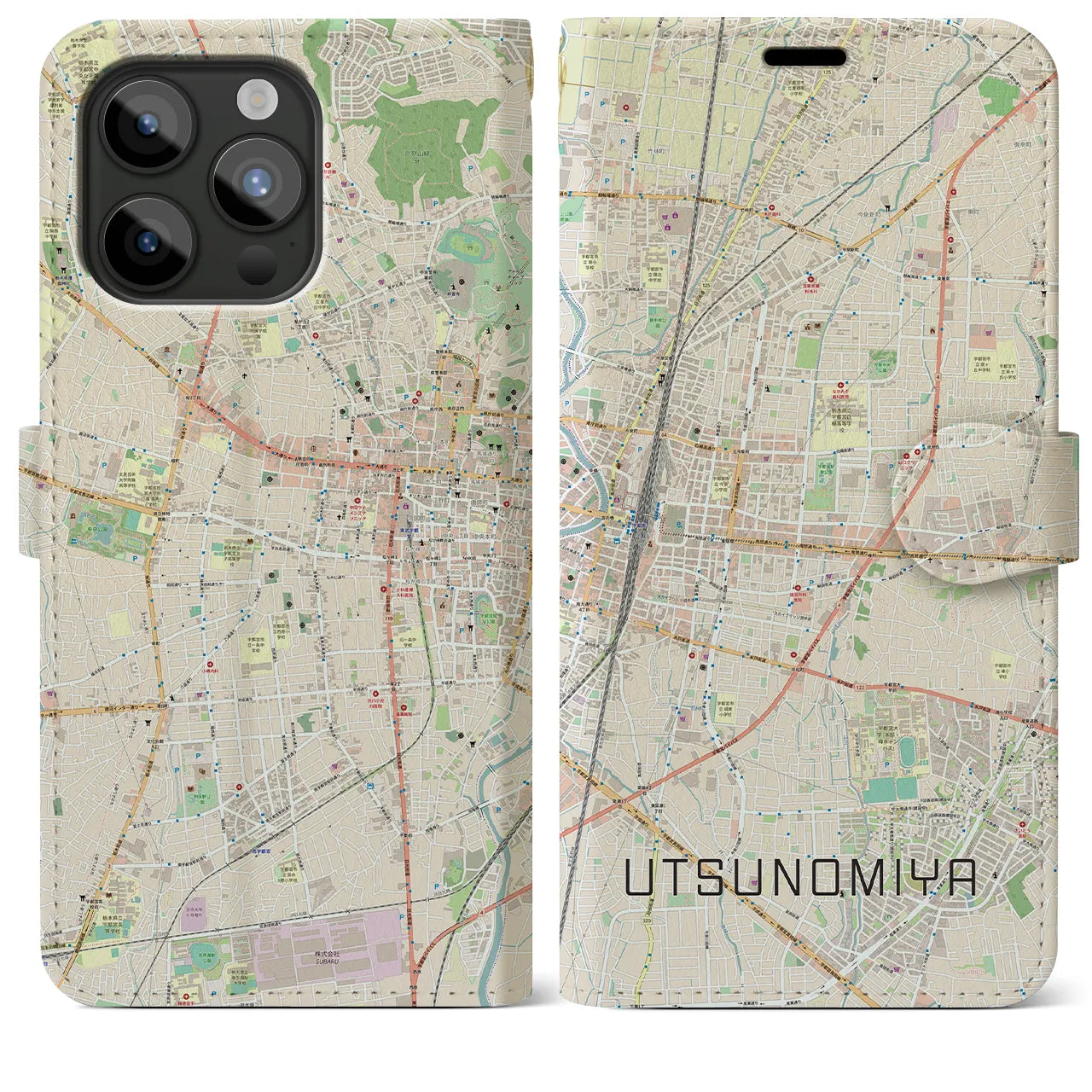 【宇都宮】地図柄iPhoneケース（手帳両面タイプ・ナチュラル）iPhone 15 Pro Max 用