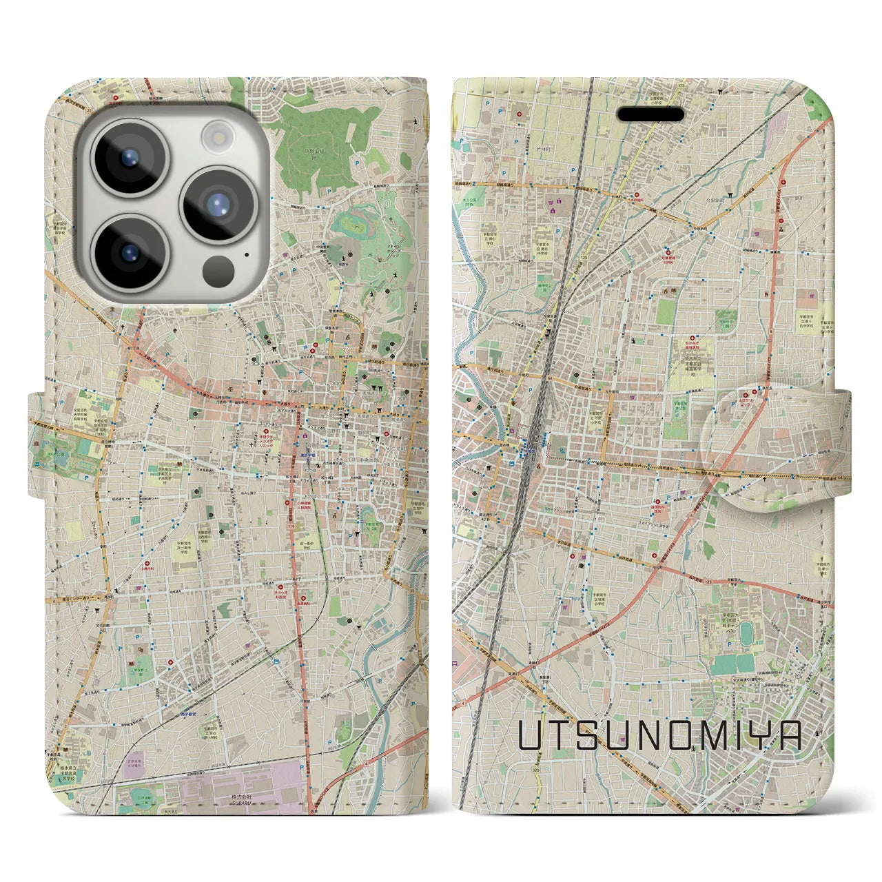 【宇都宮】地図柄iPhoneケース（手帳両面タイプ・ナチュラル）iPhone 15 Pro 用