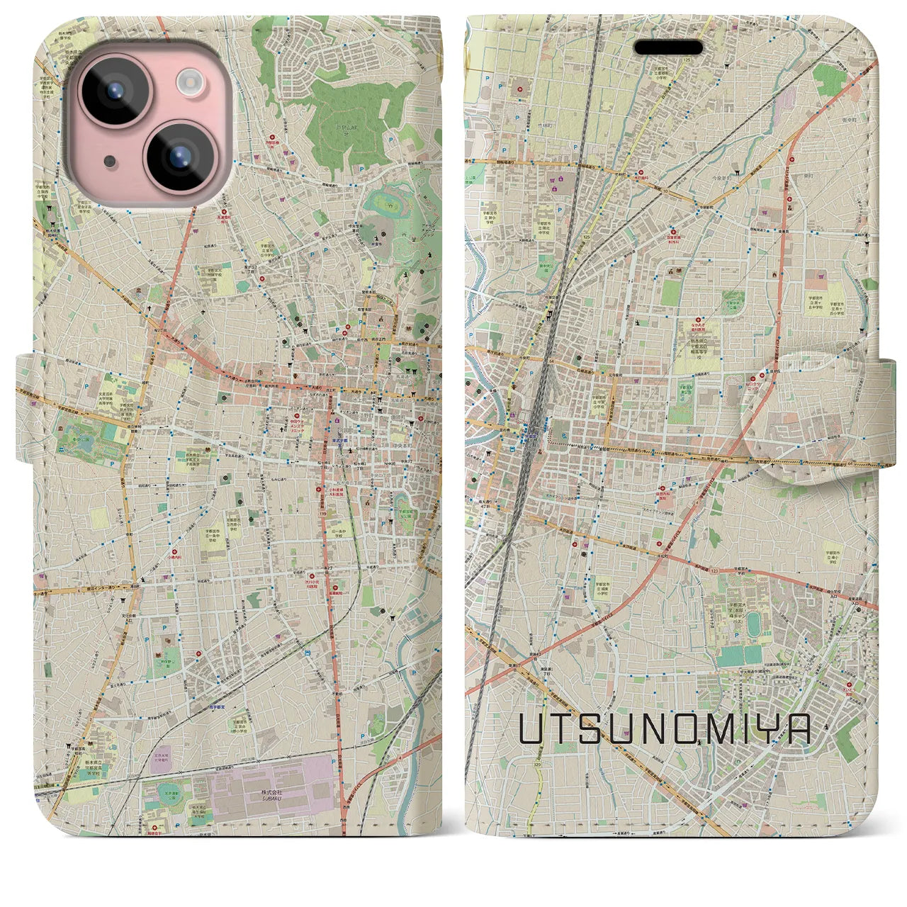 【宇都宮】地図柄iPhoneケース（手帳両面タイプ・ナチュラル）iPhone 15 Plus 用