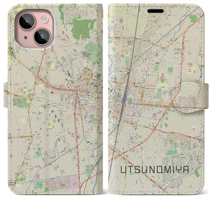 【宇都宮（栃木県）】地図柄iPhoneケース（手帳タイプ）ナチュラル・iPhone 15 Plus 用