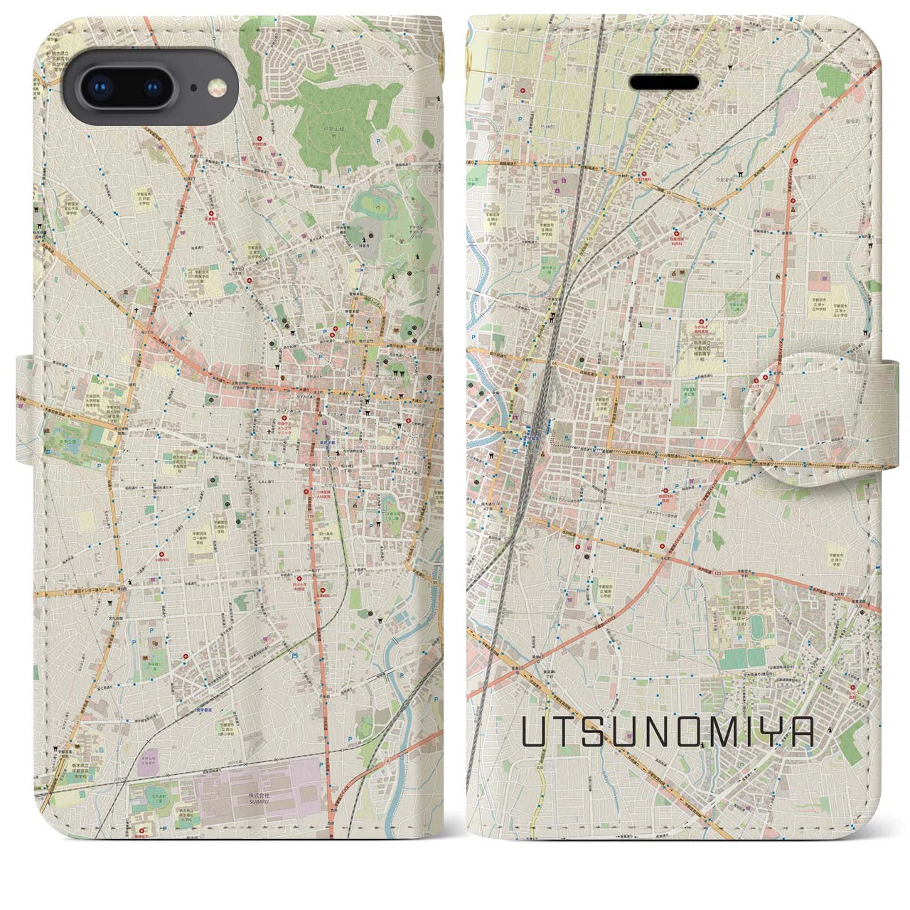 【宇都宮】地図柄iPhoneケース（手帳両面タイプ・ナチュラル）iPhone 8Plus /7Plus / 6sPlus / 6Plus 用