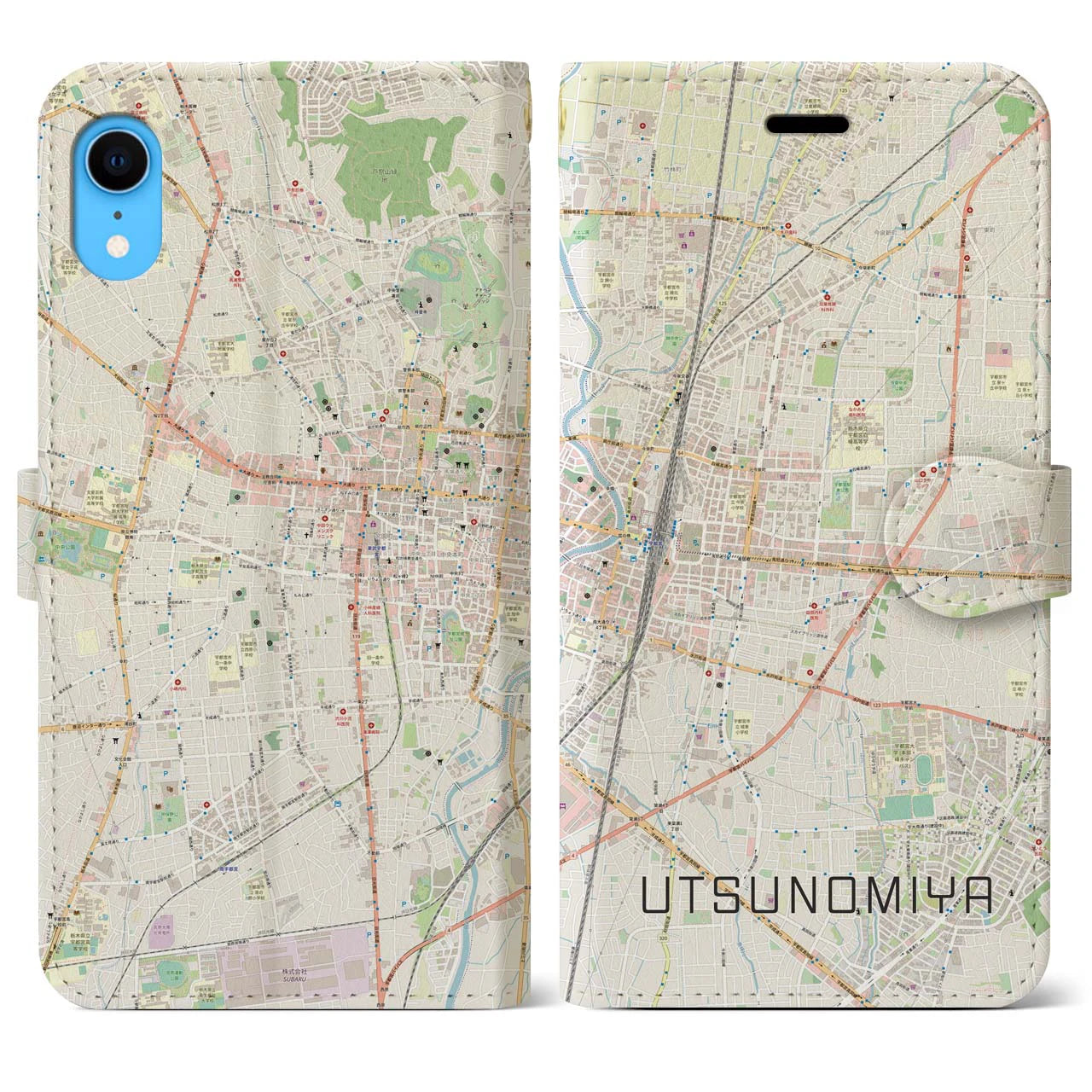 【宇都宮】地図柄iPhoneケース（手帳両面タイプ・ナチュラル）iPhone XR 用