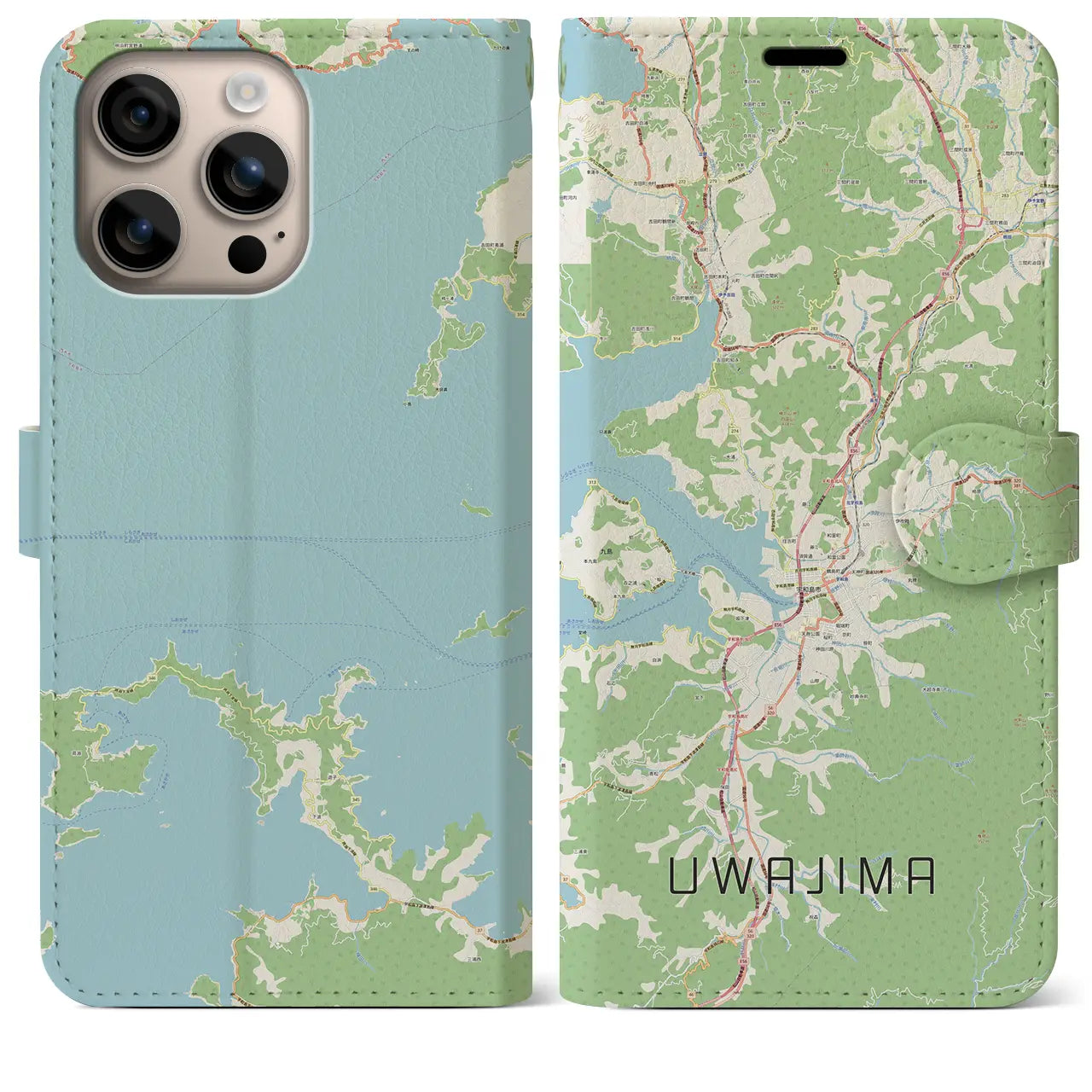 【宇和島（愛媛県）】地図柄iPhoneケース（手帳タイプ）ナチュラル・iPhone 16 Plus 用