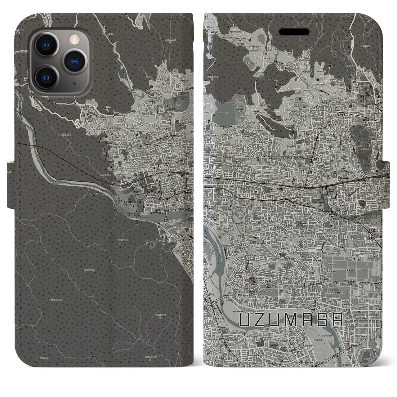 【太秦】地図柄iPhoneケース（手帳両面タイプ・モノトーン）iPhone 11 Pro Max 用