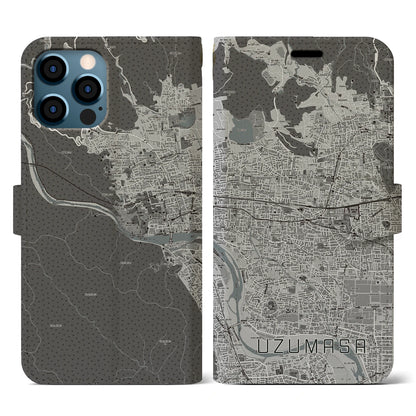 【太秦（京都府）】地図柄iPhoneケース（手帳タイプ）モノトーン・iPhone 12 / 12 Pro 用