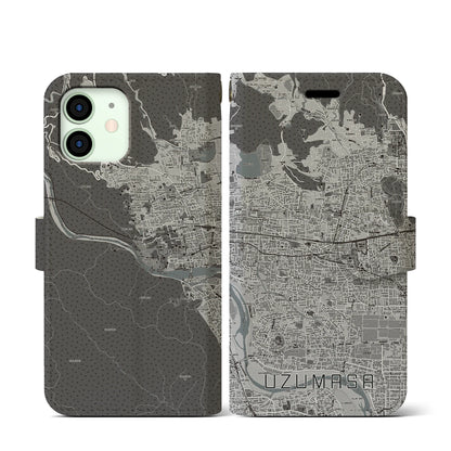 【太秦（京都府）】地図柄iPhoneケース（手帳タイプ）モノトーン・iPhone 12 mini 用