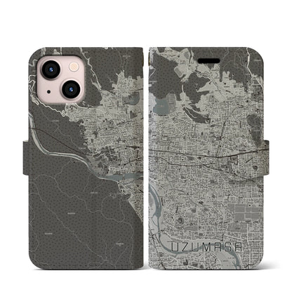 【太秦（京都府）】地図柄iPhoneケース（手帳タイプ）モノトーン・iPhone 13 mini 用