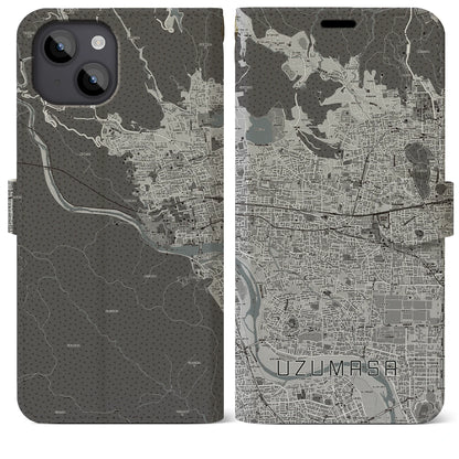 【太秦（京都府）】地図柄iPhoneケース（手帳タイプ）モノトーン・iPhone 14 Plus 用