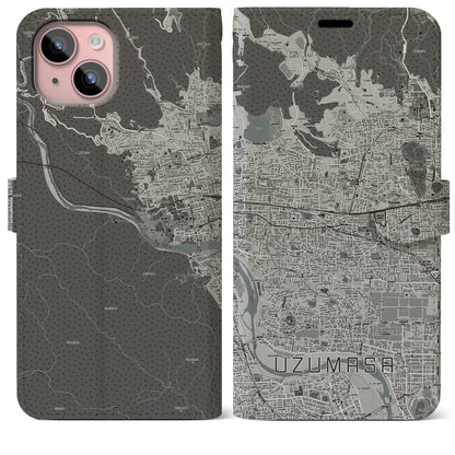 【太秦（京都府）】地図柄iPhoneケース（手帳タイプ）モノトーン・iPhone 15 Plus 用