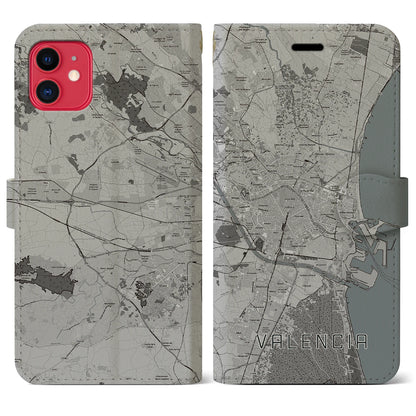 【バレンシア（スペイン）】地図柄iPhoneケース（手帳タイプ）モノトーン・iPhone 11 用