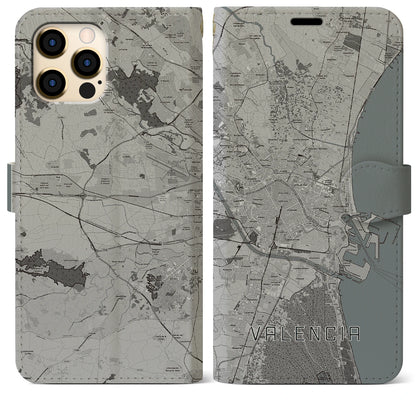 【バレンシア（スペイン）】地図柄iPhoneケース（手帳タイプ）モノトーン・iPhone 12 Pro Max 用