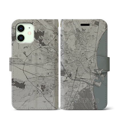 【バレンシア（スペイン）】地図柄iPhoneケース（手帳タイプ）モノトーン・iPhone 12 mini 用
