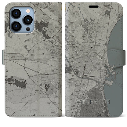 【バレンシア（スペイン）】地図柄iPhoneケース（手帳タイプ）モノトーン・iPhone 13 Pro Max 用