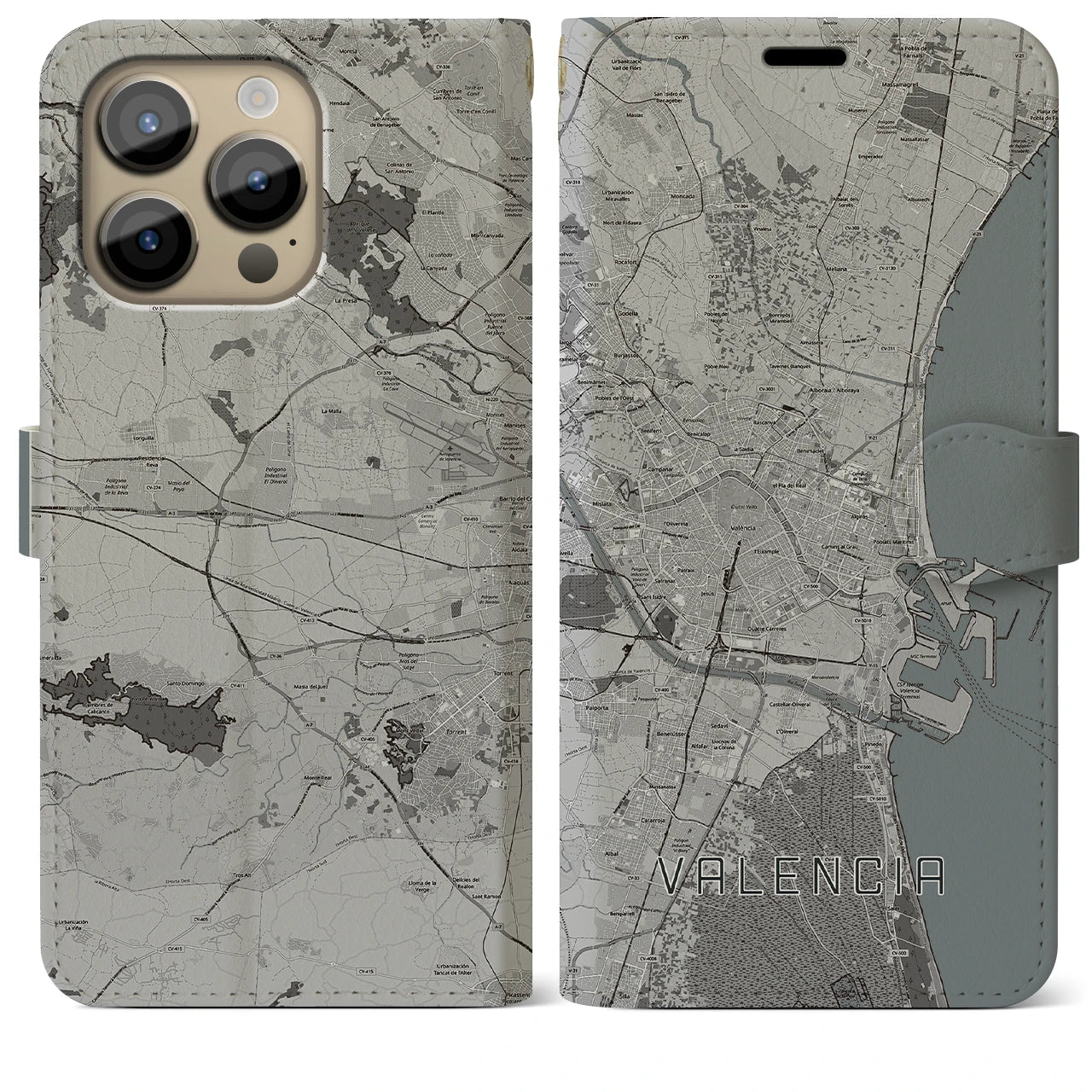 【バレンシア】地図柄iPhoneケース（手帳両面タイプ・モノトーン）iPhone 14 Pro Max 用