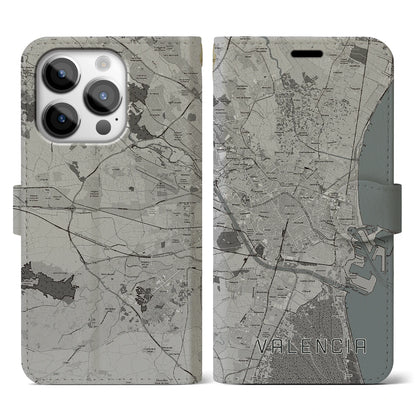 【バレンシア（スペイン）】地図柄iPhoneケース（手帳タイプ）モノトーン・iPhone 14 Pro 用