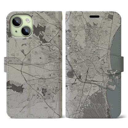 【バレンシア（スペイン）】地図柄iPhoneケース（手帳タイプ）モノトーン・iPhone 15 用