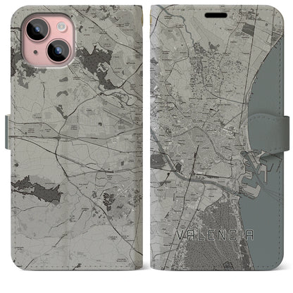 【バレンシア（スペイン）】地図柄iPhoneケース（手帳タイプ）モノトーン・iPhone 15 Plus 用