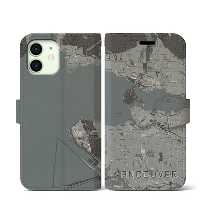 【バンクーバー（カナダ）】地図柄iPhoneケース（手帳タイプ）モノトーン・iPhone 12 mini 用