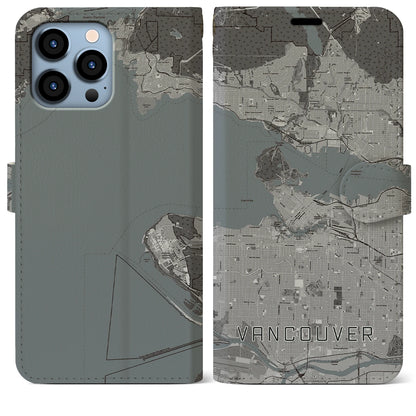 【バンクーバー（カナダ）】地図柄iPhoneケース（手帳タイプ）モノトーン・iPhone 13 Pro Max 用