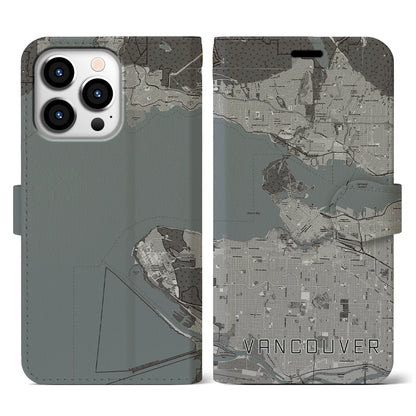 【バンクーバー（カナダ）】地図柄iPhoneケース（手帳タイプ）モノトーン・iPhone 13 Pro 用