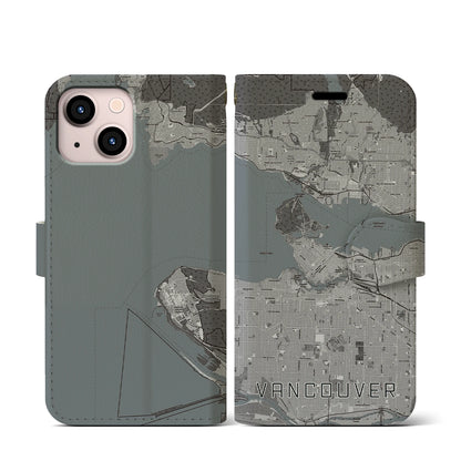 【バンクーバー（カナダ）】地図柄iPhoneケース（手帳タイプ）モノトーン・iPhone 13 mini 用