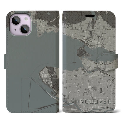 【バンクーバー（カナダ）】地図柄iPhoneケース（手帳タイプ）モノトーン・iPhone 14 用