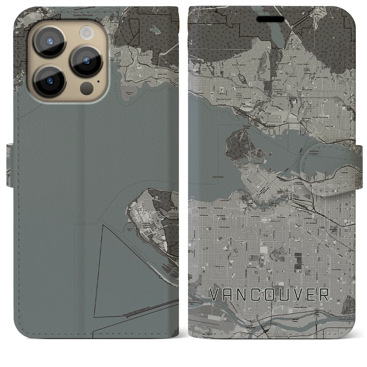 【バンクーバー】地図柄iPhoneケース（手帳両面タイプ・モノトーン）iPhone 14 Pro Max 用