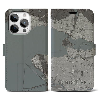 【バンクーバー（カナダ）】地図柄iPhoneケース（手帳タイプ）モノトーン・iPhone 14 Pro 用