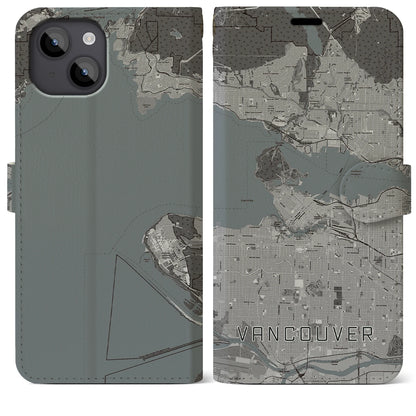 【バンクーバー（カナダ）】地図柄iPhoneケース（手帳タイプ）モノトーン・iPhone 14 Plus 用