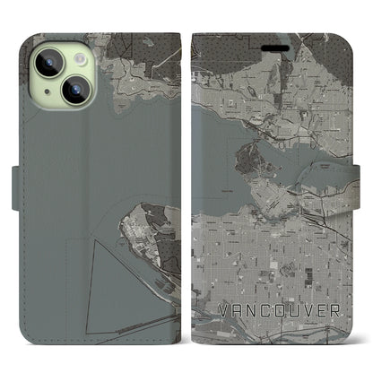 【バンクーバー（カナダ）】地図柄iPhoneケース（手帳タイプ）モノトーン・iPhone 15 用