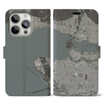 【バンクーバー（カナダ）】地図柄iPhoneケース（手帳タイプ）モノトーン・iPhone 15 Pro 用